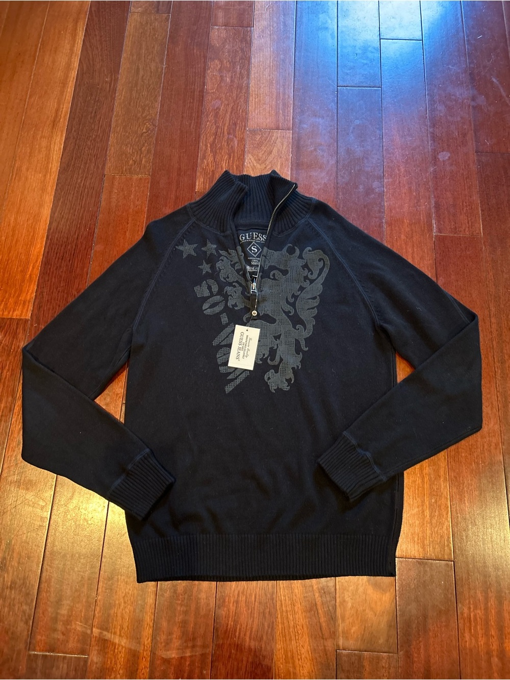 GUESS Black Men's NWT Quarter-Zip Graphic Sweater Grunge Goth